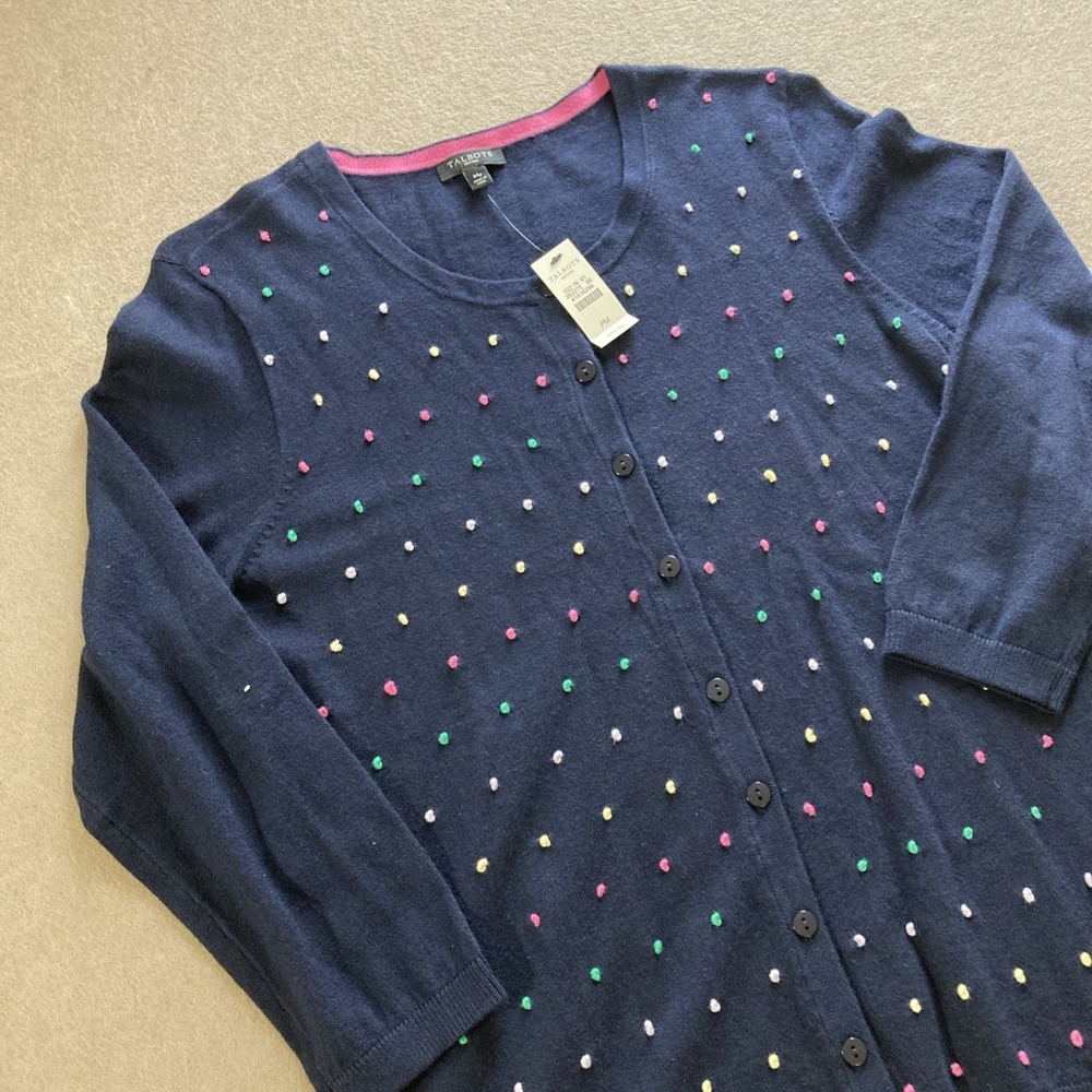 Talbots Charming Polkadot Cardigan Sz PM New Navy Embroidered Colorful - Picture 3 of 8